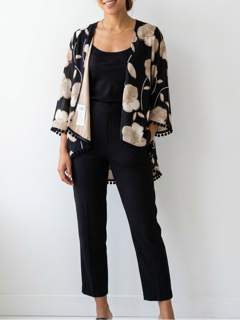 Mimi Chica Black Floral Pom-Pom Hem Tunic